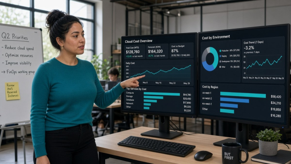 Emprendedora revisa panel de costos AWS en oficina pequeña