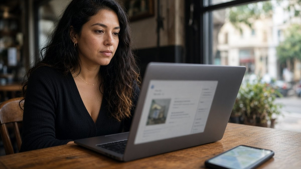 Emprendedora latina actualizando el perfil de negocio en Google en su laptop