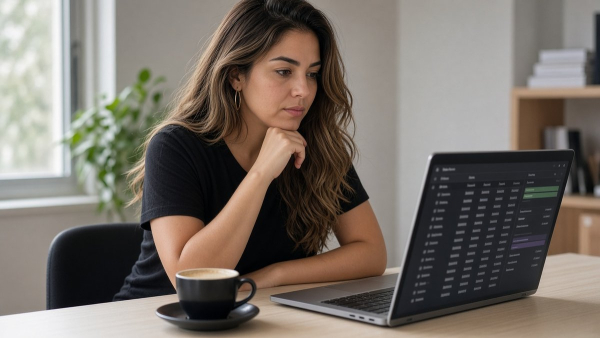 Ingeniera latina analiza logs de acceso en laptop en oficina moderna