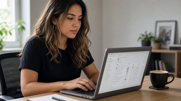 Consultora latina configura etiquetas de conversión de Google Ads en laptop
