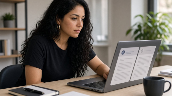 Mujer latina revisando en laptop si su negocio aparece cuando pregunta en un chat de inteligencia artificial
