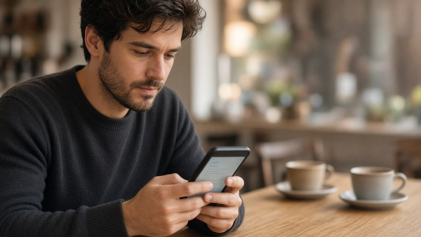 Hombre revisando un chat de asistente en el móvil en una cafetería