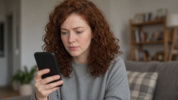 Mujer con el teléfono en la mano, gesto de duda ante un aviso de privacidad