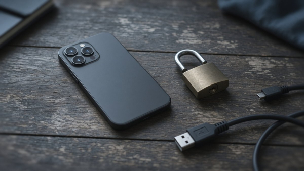 Smartphone sobre mesa junto a un candado abierto y un cable, sin pantallas legibles