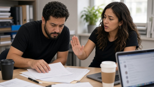 Equipo cubre papeles con datos de clientes antes de abrir un chat