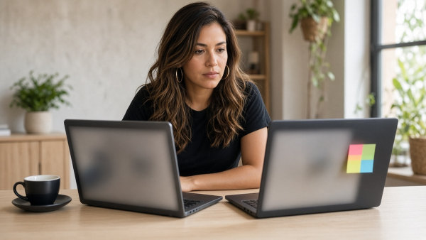 Consultora compara cuenta personal y cuenta de empresa en dos laptops