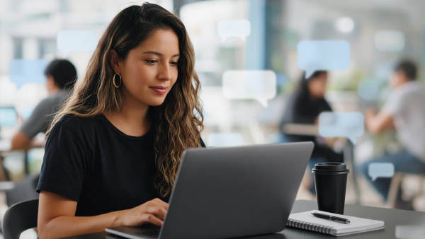 Emprendedora latina sonríe frente a la laptop en una oficina luminosa, ambiente de comunidad digital