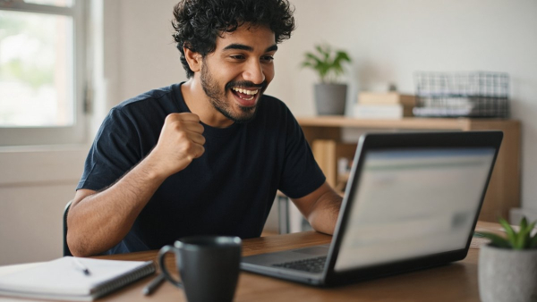 Emprendedor latino emocionado al completar un registro exitoso en la laptop