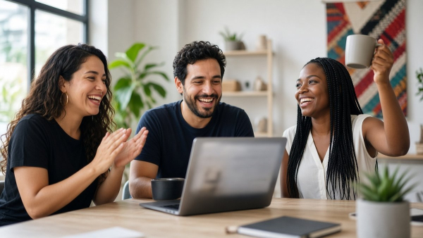 Equipo pequeño celebra el arranque de un proyecto web en oficina luminosa
