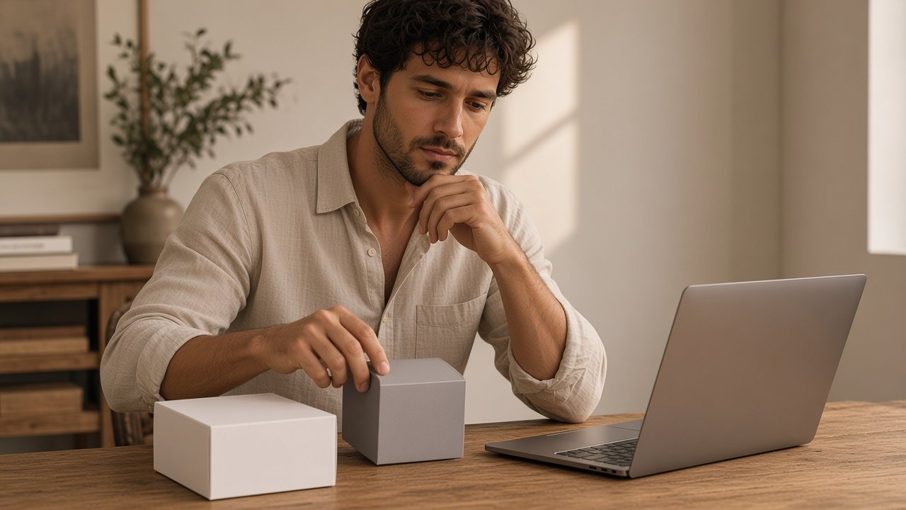 Hombre compara dos productos antes de decidir