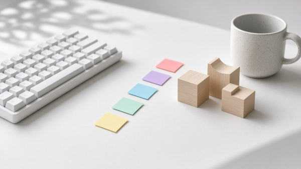Escritorio con teclado mecánico, notas adhesivas de colores y bloques de madera, sin personas