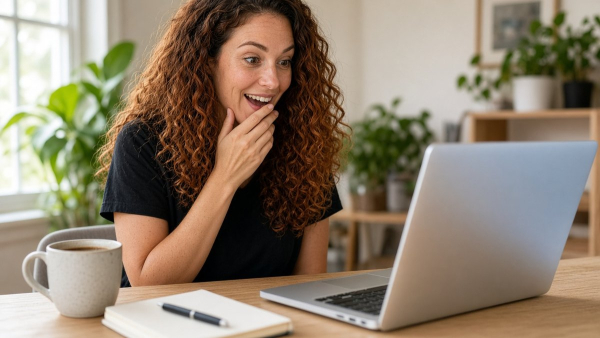 Emprendedora latina sonriendo al ver en su laptop que un chat de inteligencia artificial recomienda su negocio