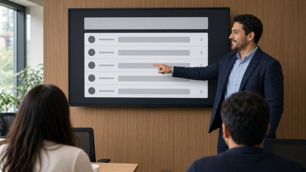 Empresario latino señalando en una pantalla la sección de preguntas frecuentes de su sitio web durante una reunión