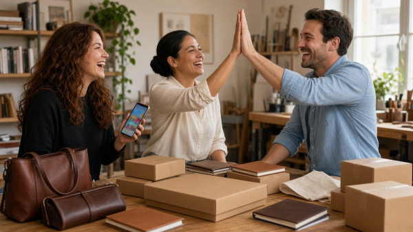 Equipo de una pyme celebrando la llegada de un pedido grande de un cliente que los encontró preguntando a ChatGPT