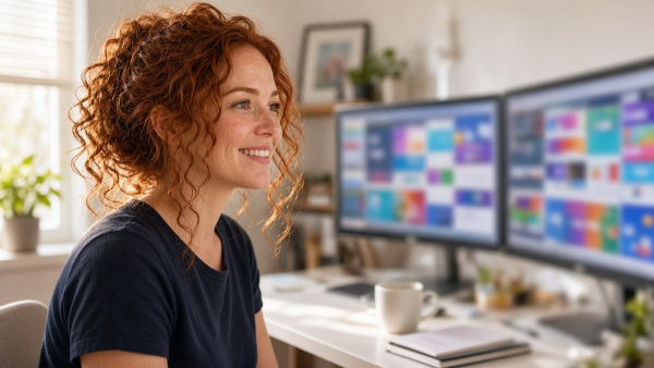 Mujer de cabello cobrizo rizado sonriendo frente a dos monitores suaves en una micro-oficina