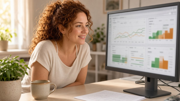 Mujer de cabello cobrizo sonriendo frente a un monitor con paneles abstractos de tráfico