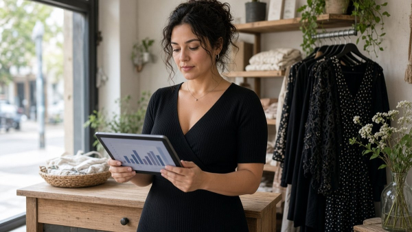 Dueña de tienda revisando en una tablet un resumen suave de costos de mensajería