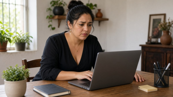 Dueña de tienda revisa en laptop por qué se caen pedidos al final de la compra