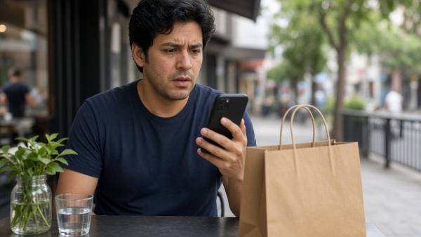 Emprendedor mira el celular con gesto de sorpresa ante un cargo de envío inesperado