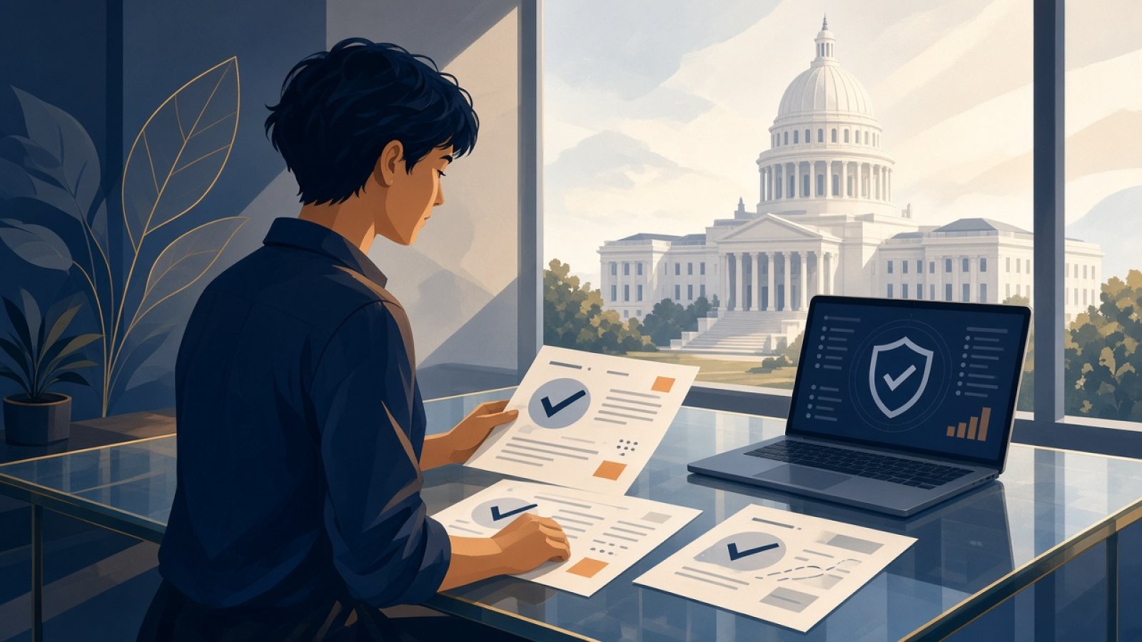 Analista revisando checklist de auditoría de seguridad de IA junto a noticias de CEOs tech