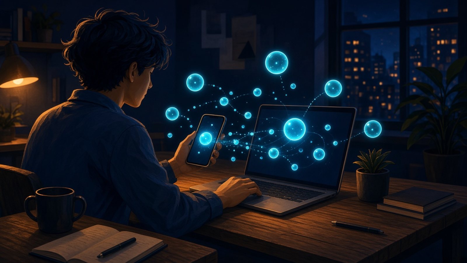 Equipo multitarea con interfaz de agentes AI en laptop y móvil