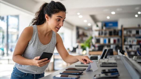 Mujer en una tienda de electrónica mirando con sorpresa la etiqueta de precio de un celular