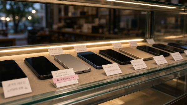 Vitrina de celulares genéricos con etiquetas de precio en una tienda, sin personas
