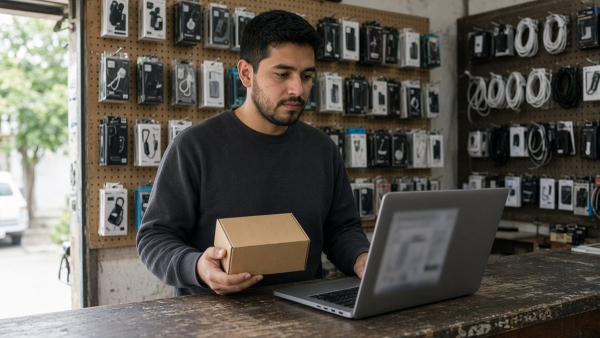 Hombre en su local de accesorios para celular revisando precios en una laptop
