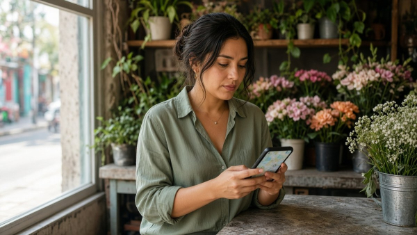 Dueña de un negocio local revisa en su celular cómo aparece su negocio en el mapa