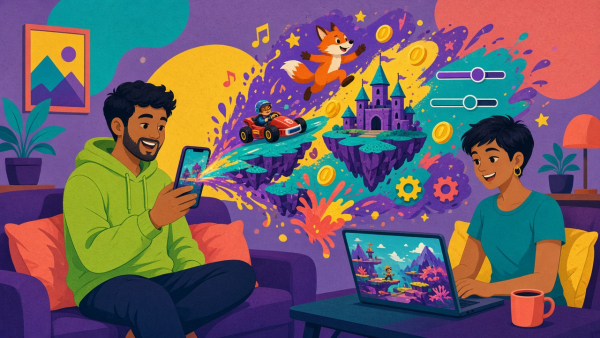Ilustración de dos personas creando y jugando un videojuego generado con IA desde el móvil y la laptop