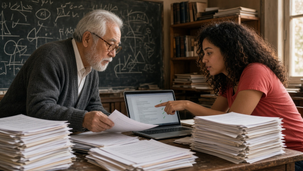 Profesor y matemática revisan pilas de manuscritos y pruebas verificadas en una laptop