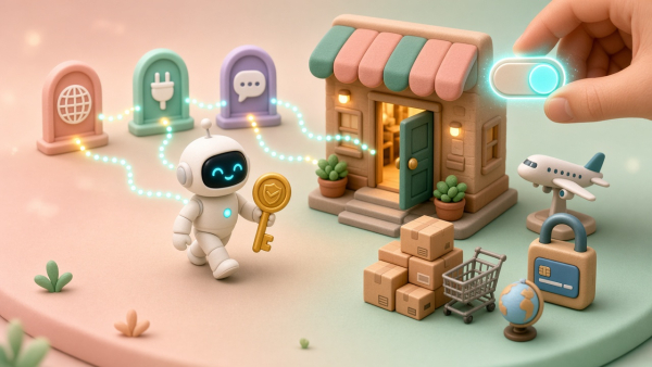 Robot asistente con una llave dorada entra a una tienda en miniatura, símbolo de agentes de IA con permisos
