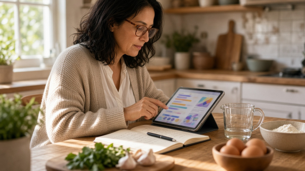 Mujer usando en su tableta un asistente de IA con respuestas visuales e interactivas