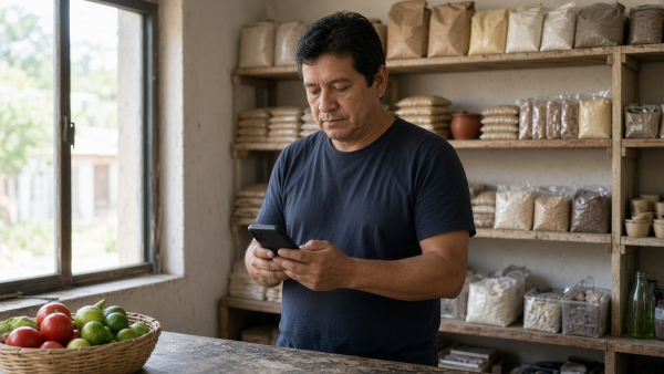 Dueño de una tienda de abarrotes revisa su celular detrás del mostrador