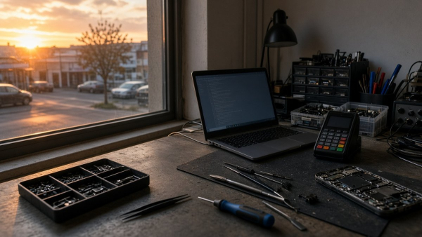 Taller con herramientas, una computadora y un aparador de vidrio al atardecer