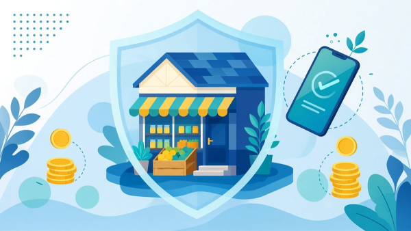 Ilustración de una tiendita protegida por un escudo con monedas y un celular