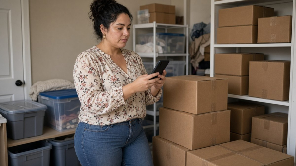 Emprendedora toma fotos de su inventario con el celular en su bodega