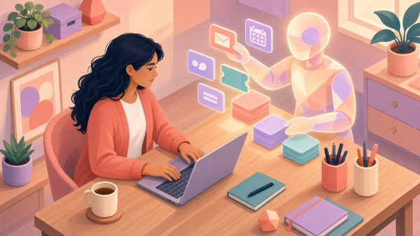 Ilustración de una product manager trabajando junto a un agente de IA que ordena tareas