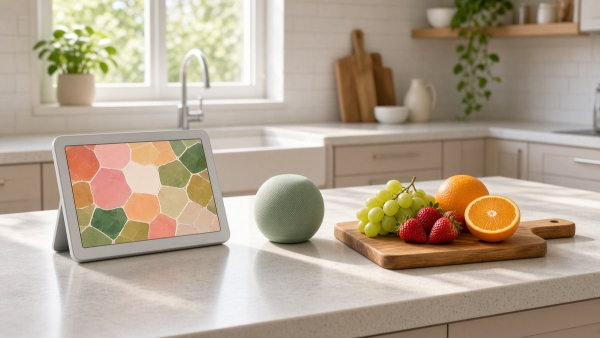 Cocina moderna con una pantalla inteligente y una bocina pequeña sobre la isla