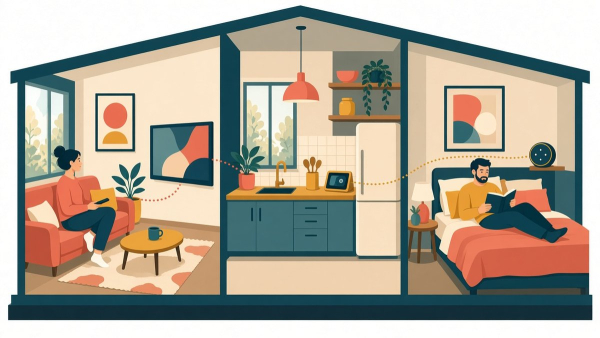Ilustración de una familia en casa rodeada de pantallas y bocinas inteligentes