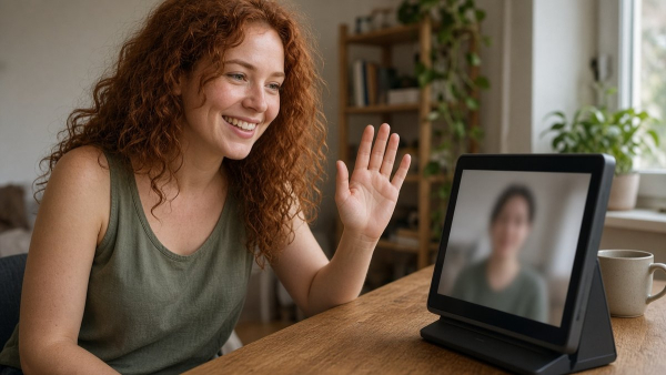 Mujer haciendo una videollamada desde una pantalla pequeña sobre su escritorio en casa