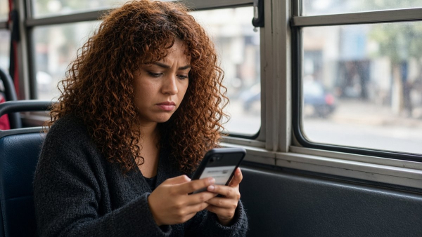 Cliente en la calle mira el celular con cara de impaciencia mientras una página no termina de cargar