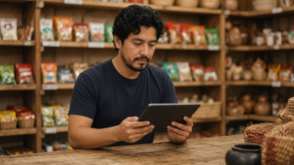 Emprendedor comprime fotos de productos en la tablet dentro de su tienda