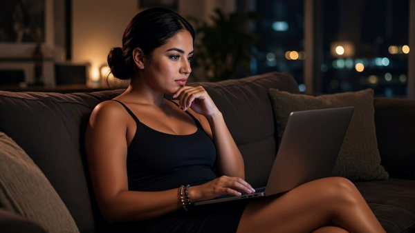 Emprendedora en su sala revisa en la laptop la idea de su app con cara pensativa