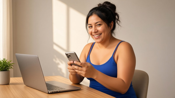 Joven revisa en su celular el anuncio de un lanzamiento de tecnología