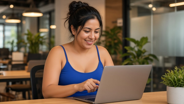 Mujer toca con el dedo la pantalla de una laptop abierta