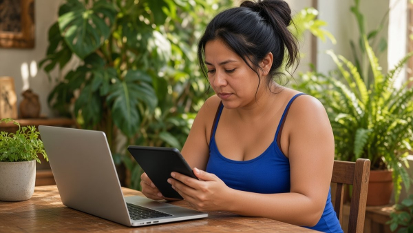 Joven compara una tableta pequeña y una laptop en su escritorio de trabajo