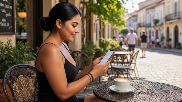 Mujer en la terraza de un café enviando un enlace desde su celular