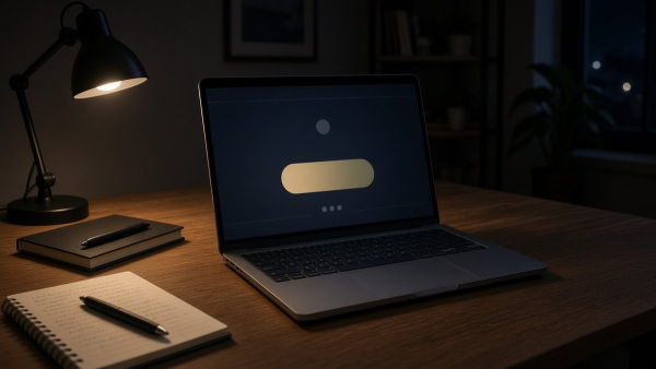 Laptop en un escritorio de noche mostrando una sala de espera con un botón de aprobar