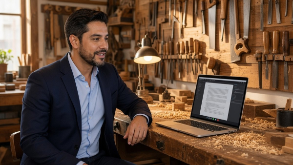 Hombre en su taller de carpintería revisando un documento compartido en una videollamada desde su laptop